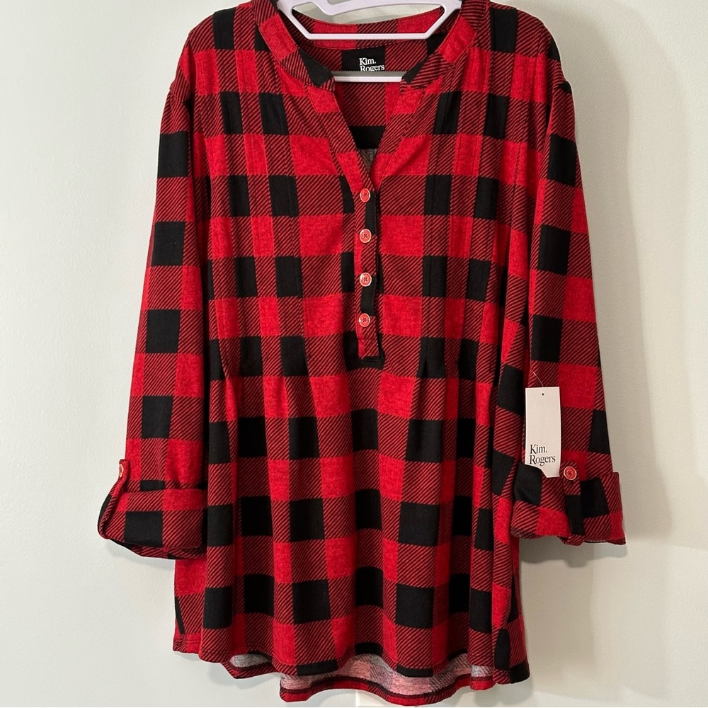 Kim Rogers Henley 4XL NWT Buffalo Plaid Cuffed 3/4 Sleeves